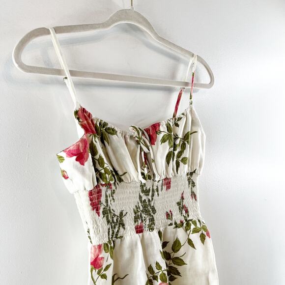 Reformation Rosemary Floral Print Linen Smocked Waist Mini Dress White 4 - Picture 10 of 10